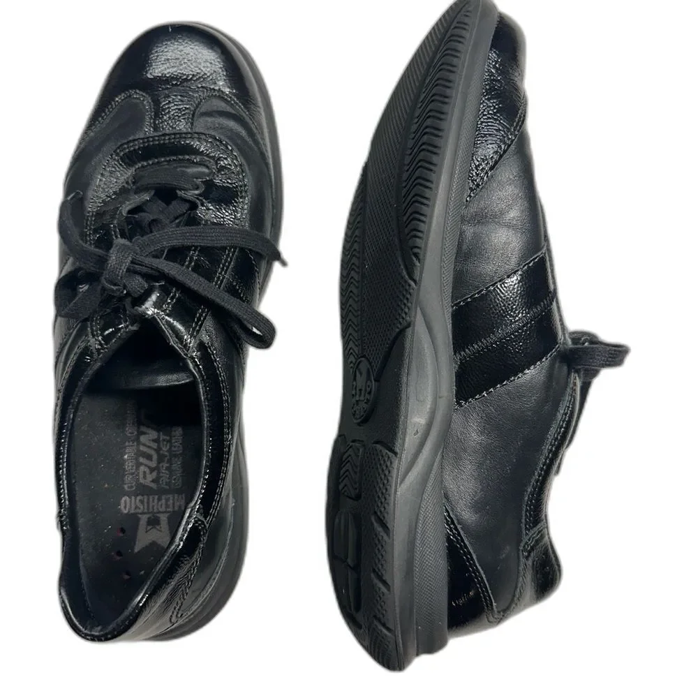 Mephisto Black Leather & Patent Lace Up Sneakers, Women's 7.5 Casual Comfortable
